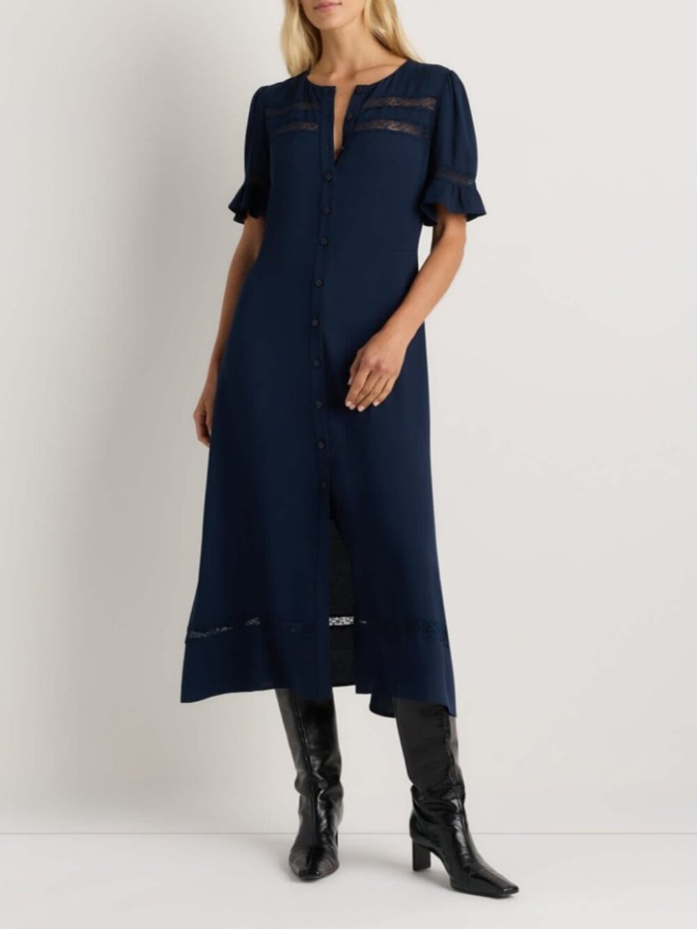 Quince Lightweight Crepe Lace Inset Midi Dress Navy Large